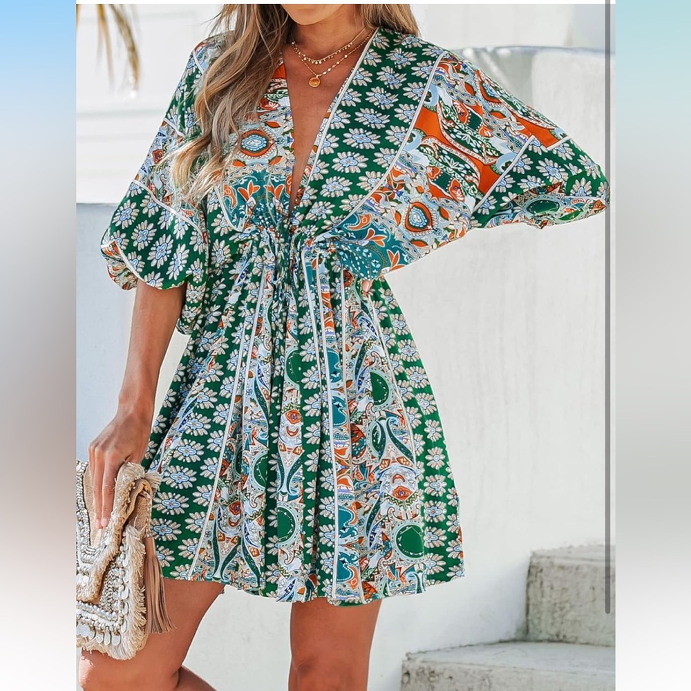Floral Print Tie Front Dress 3/4 Sleeves Paisley Beach Mini Dresses(NWT)size Med